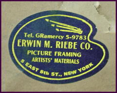 Close-up New York frame shop label.
